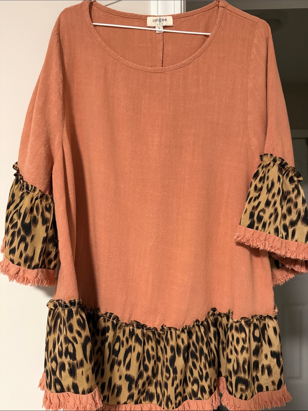 Umgee Coral Tunic with Leopard Ruffle Details